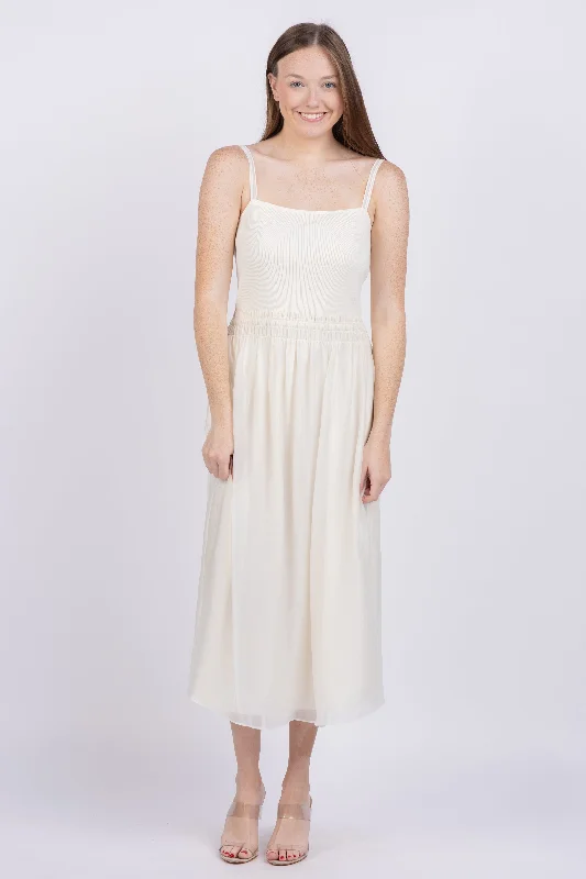 Vince Smocked Mixed Media Cami Dress in Off White