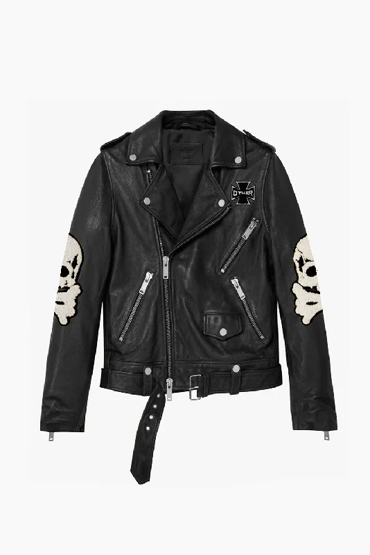 The Skull & Crossbones Patch Deuce Biker Jacket | Vintage Black Knit Jacket Woven Jacket Fleece Jacket