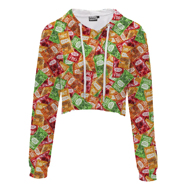 Hot Sauce Packets Crop Hoodie Hoodie with Tied Waist Feminine Flattering
