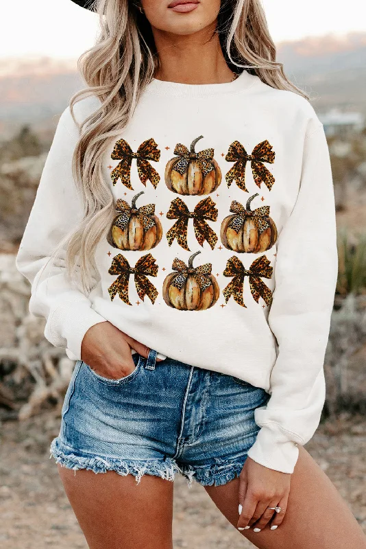 Beige Pumpkin Leopard Bow Knot Print Pullover Sweatshirt Fitted Ribbed Sweater