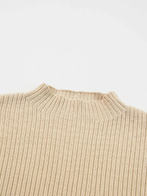 Beige Ribbed Knit Pullover Slouchy Comfort Pullover