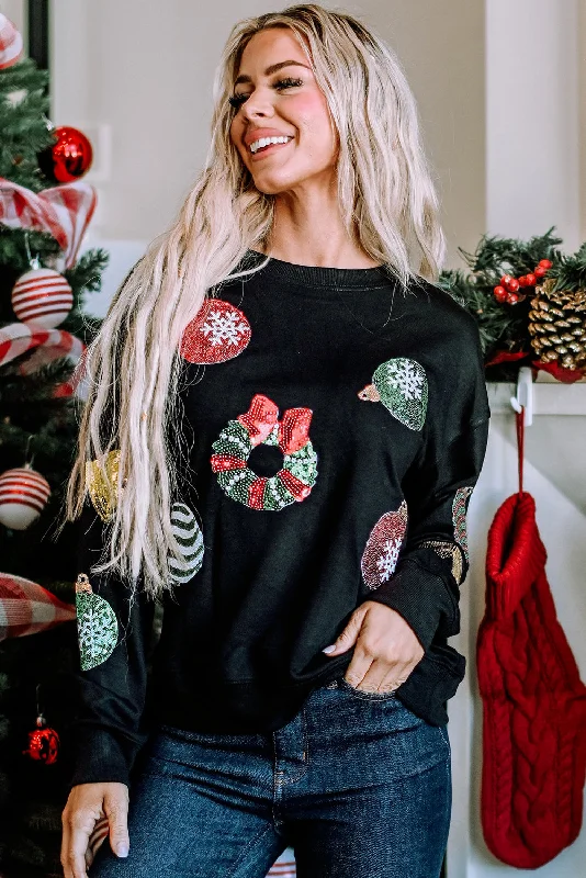 Black Sequined Christmas Graphic Pullover Sweatshirt Box Sleeve Comfort