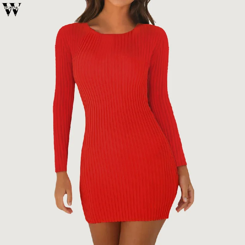 Autumn Winter Solid Color Knitted Sweater Dress Women Fashion Sheath O-neck Pullover Female Knitted Dress Vestidos Feminino 8.27 Slouchy Comfort Pullover