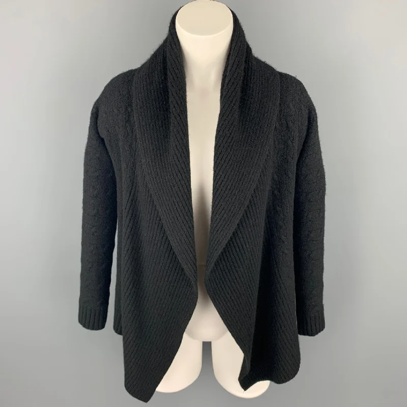 RALPH LAUREN Black Label Size S Black Cable Knit Cashmere Open Front Shawl Collar Cardigan Mesh Blend Leather Blend Suede Blend