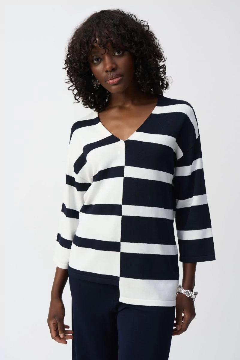 Joseph Ribkoff Striped V-Neck Pullover Style 251914 Midnight Blue/Vanilla Oblong Neck Pullover