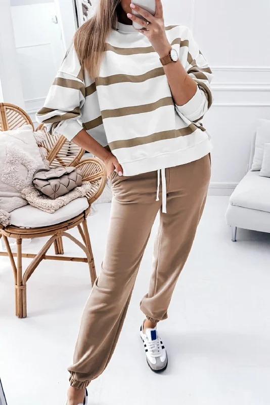 Striped Drop Shoulder Pullover and Jogger Pants Set Mock Neck Pullover