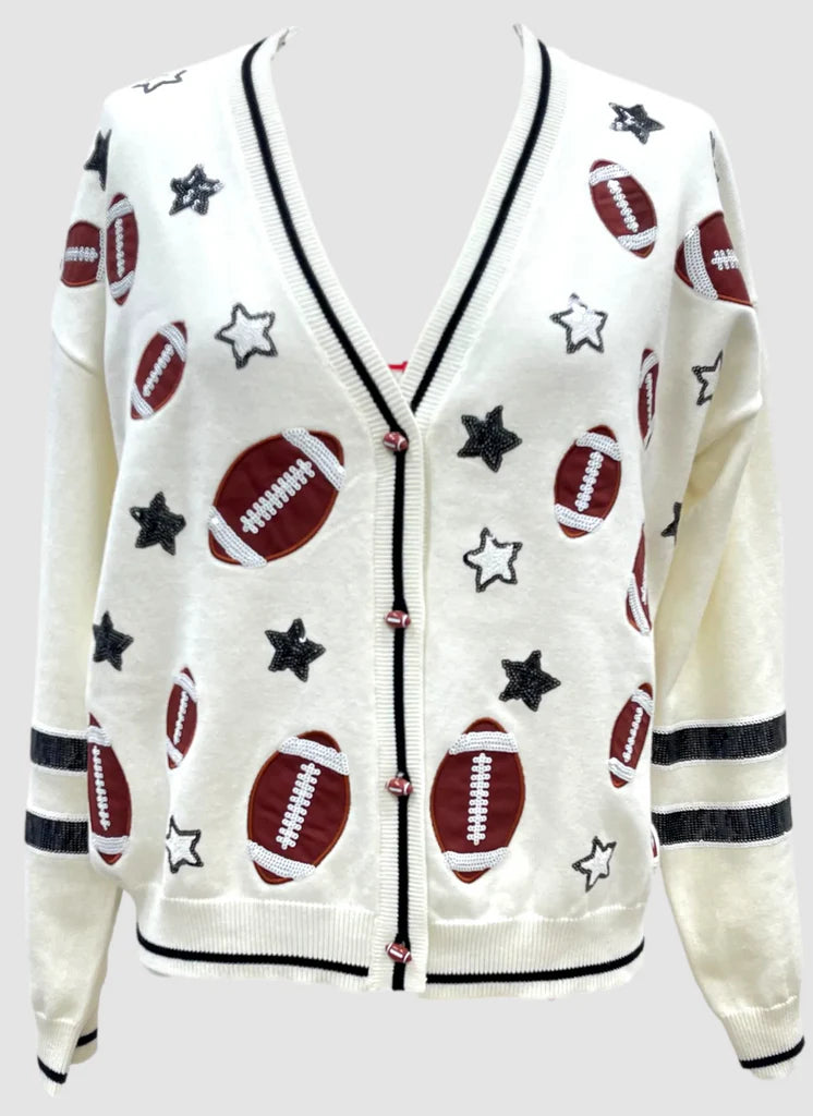 White Football & Stars Knit Cardigan Bright Pastel Dark