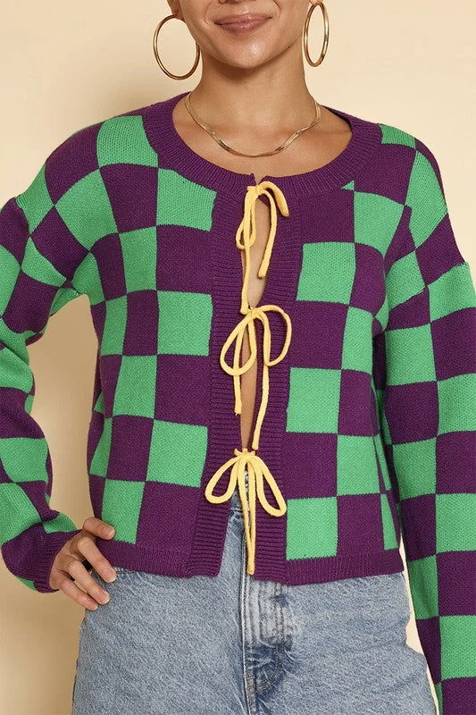 Mardi gras checkered tie front cardigans Hooded Cardigan Collared Cardigan Shawl Collar