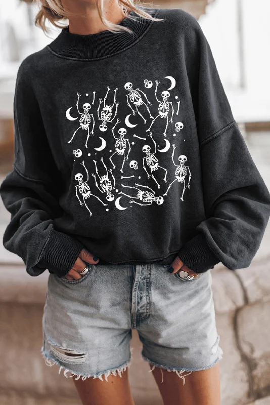 Black Halloween Skeleton Print Drop Sleeve Pullover Sweatshirt Fleece Warm Pullover