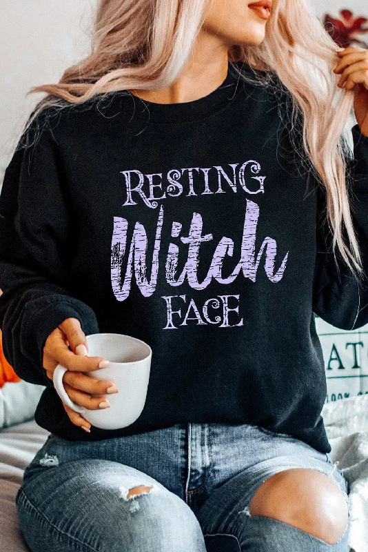 Black RESTING Witch FACE Graphic Pullover Sweatshirt Asymmetrical Hem Sweater