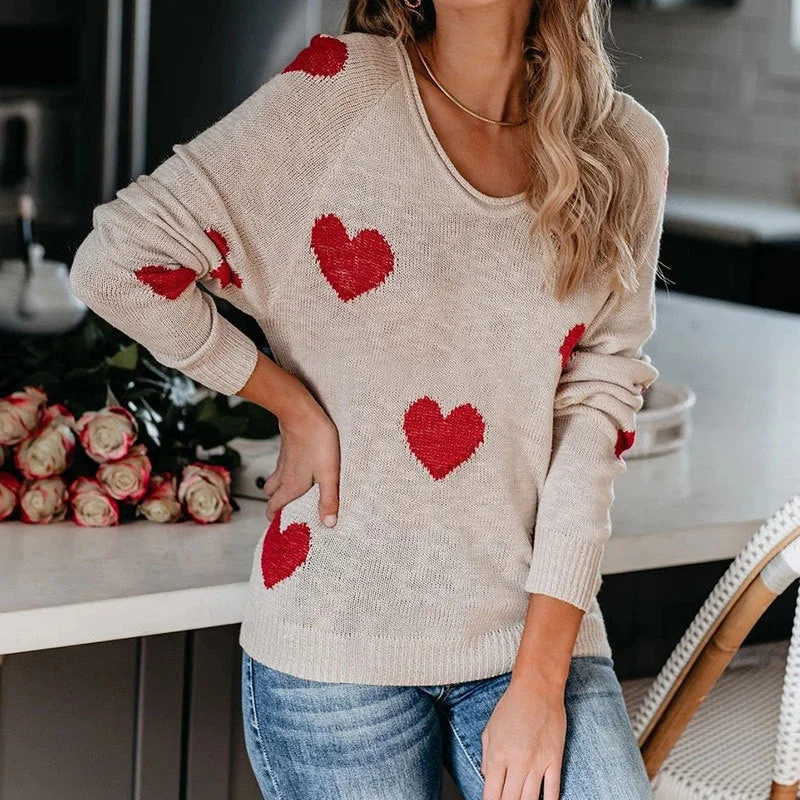 New Valentine's Day Sweater Women's Loose Pullover Plus Size Heart-Shaped Multi-Part V-Neck Slouchy Comfort Pullover