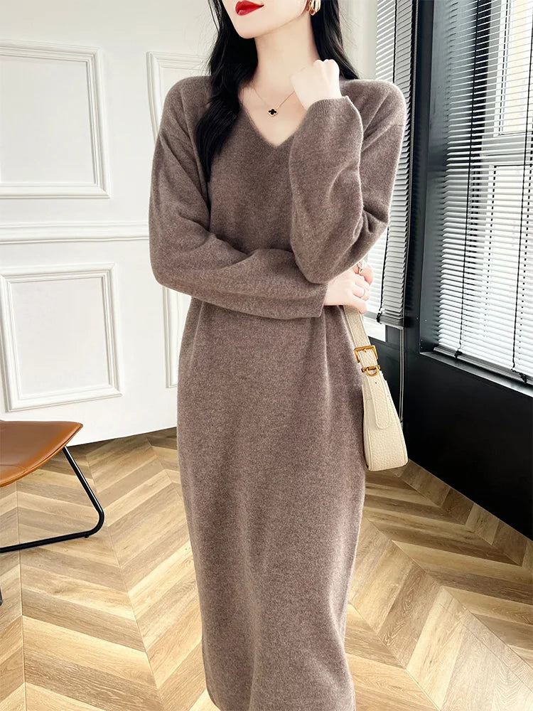 2024 New 100% Merino Wool Women Sweater Dress V-Neck Pullover Long Dress Versatile Cashmere Knitwear Korean Popular Clothing Bell Sleeve Stylish