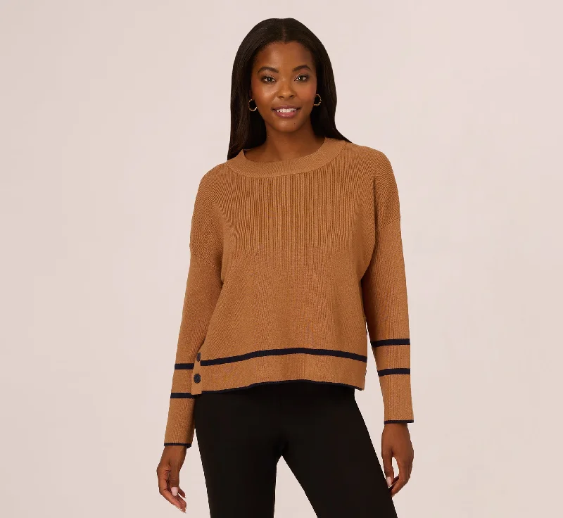 Crew Neck Pullover Sweater With Tipped Details In Camel Bluemoon Surplice Neck Pullover