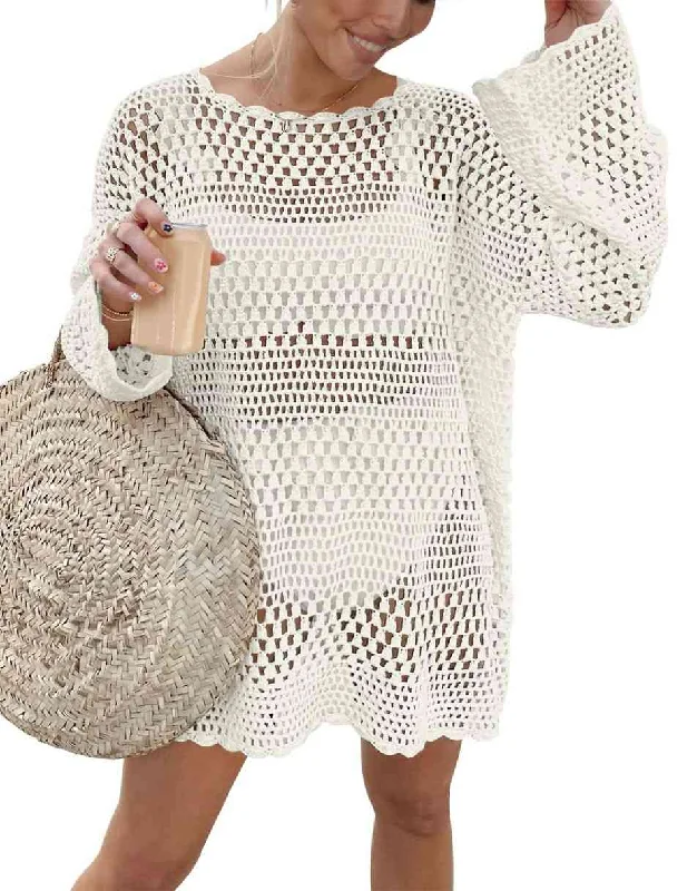 ANRABESS Crochet Swim Cover Up Swimsuit Knit Pullover Beach Dress Crew Neck Wool