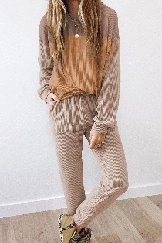 Brown Ribbed Colorblock Pullover and Jogger Pants Set Solo Sleeve Pullover