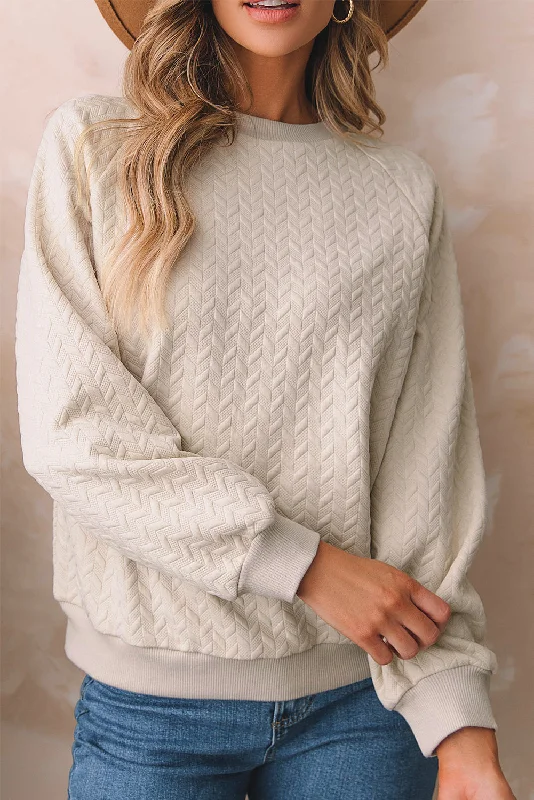 Solid Textured Raglan Sleeve Pullover Sweatshirt Scalloped Neck Pullover