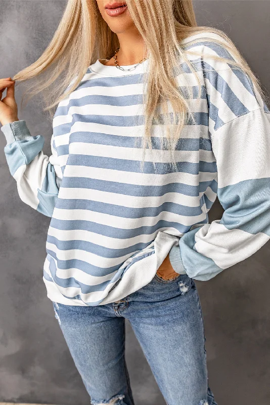 Stripe Drop Shoulder Striped Pullover Sweatshirt Ruffle Sleeve Feminine