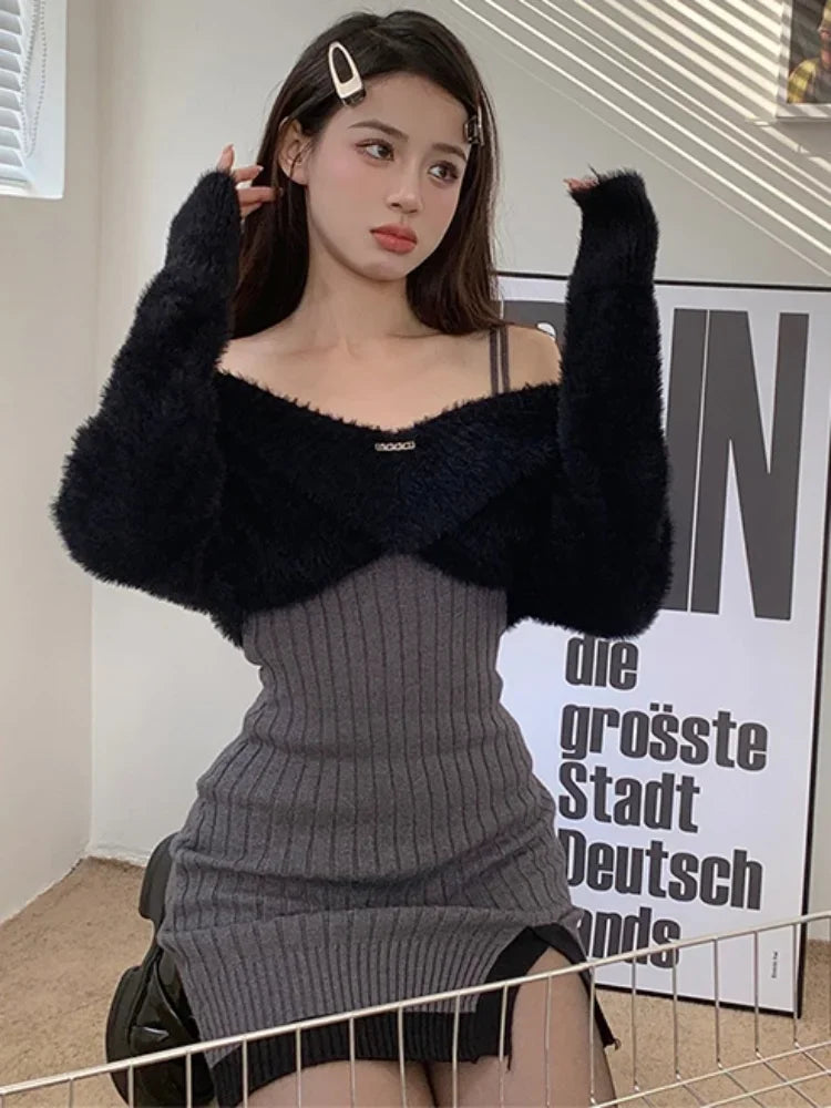 GETADME 2025 Spring Y2k Two Peices Set Sexy Elegant Long Sleeve Sweater Pullovers + Women Knitted Split Mini Dresses Female Cute Vestido Button Front Sweater