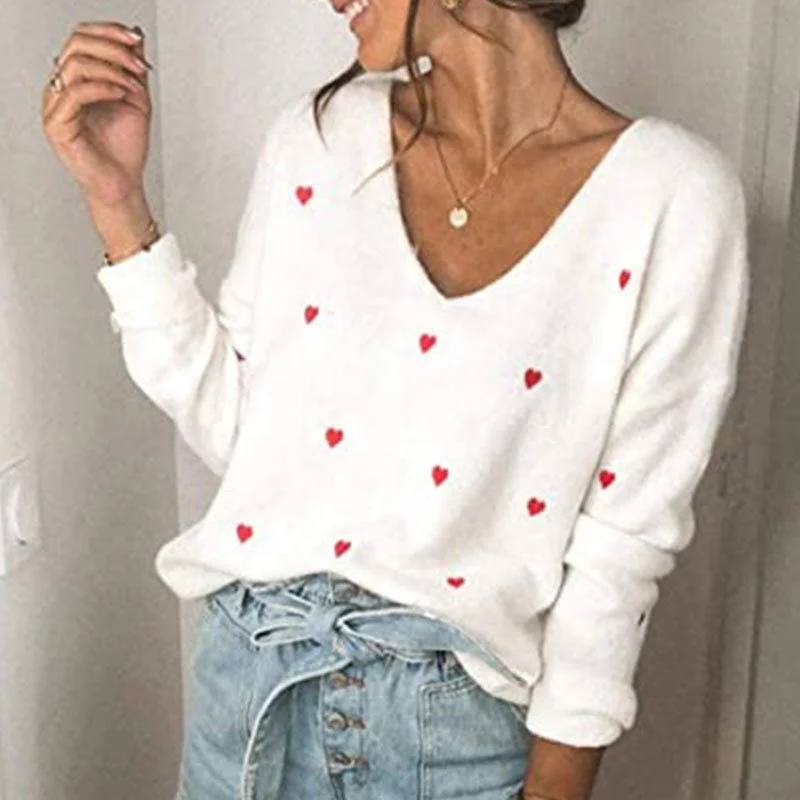 Women's Fashion New Sweater Valentine's Day Love Polka Dot V-Neck Plus Size Loose Pullover Thin Wool Pullover