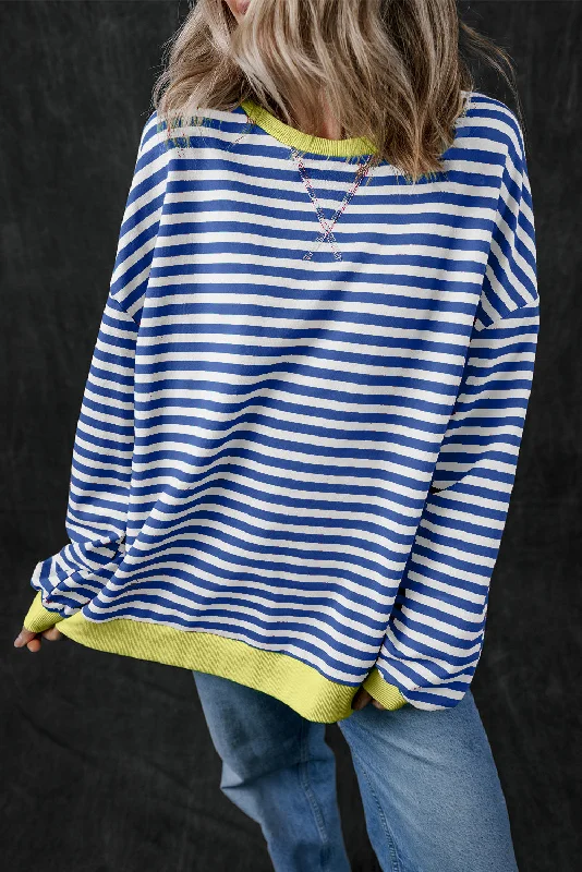 Blue Stripe Oversized Contrast Trim Pullover Sweatshirt One Shoulder Top