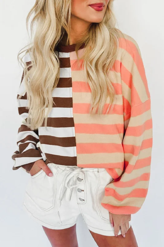 Brown Stripe Color Block Drop Shoulder Pullover Sweatshirt Spaghetti Sleeve Top