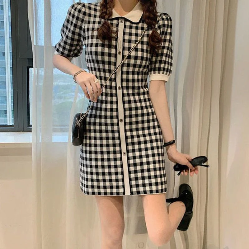 New Summer Temperament Plaid Knitting Polo-Neck Short Sleeve Casual Dresses Women Clothes Sweet Buttons Pullover Dresses Port Neck Pullover