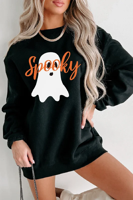 Black Halloween Spooky Ghost Print Crewneck Pullover Sweatshirt Faux Fur Trim