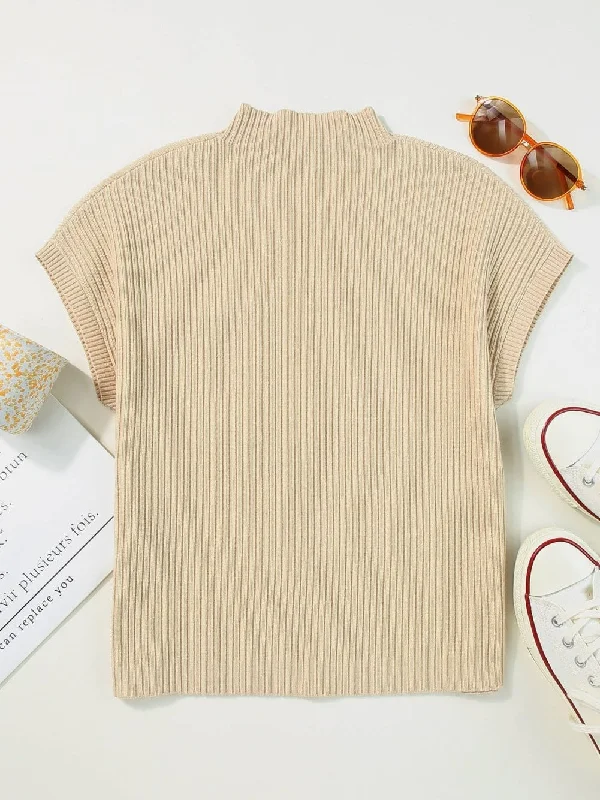 Beige Knit Pullover with Pocket Button Front Sweater