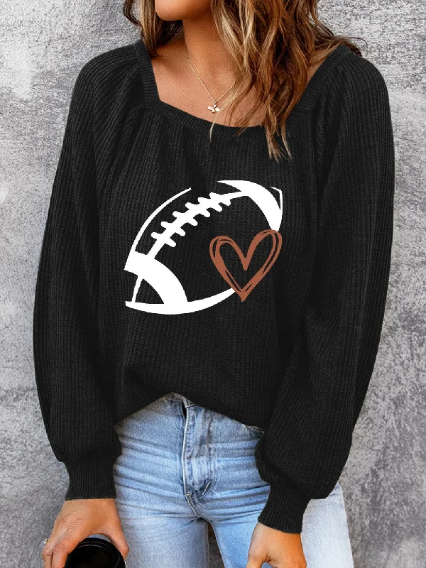 Black Waffle Knit Pullover with Football Heart Print dolman Sleeve Top