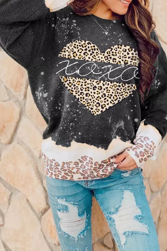 Black XOXO Heart Leopard Splicing Pullover Sweatshirt Flare Sleeve Stylish