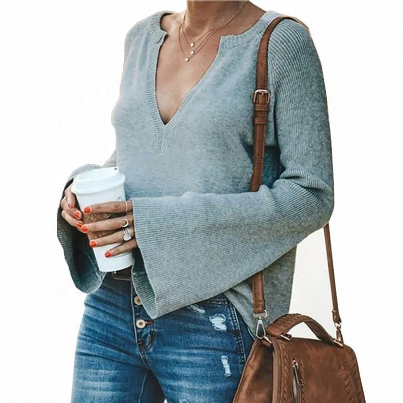 Jumper Sweaters Woman For Knitwear V Wholesale Plus Size Pullover Knit Sweater Female Deep V-Neck Trumpet Sleeve Sexy Top Wom Alpaca Blend Soft