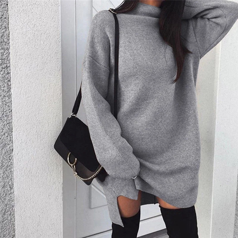 Fashion Hot Sale Knitted Pullover Loose Mini Dress Winter Spring Autumn Women Sweatshirt Turtleneck Long Sleeve Jumper Dress V-Neck Stylish Pullover