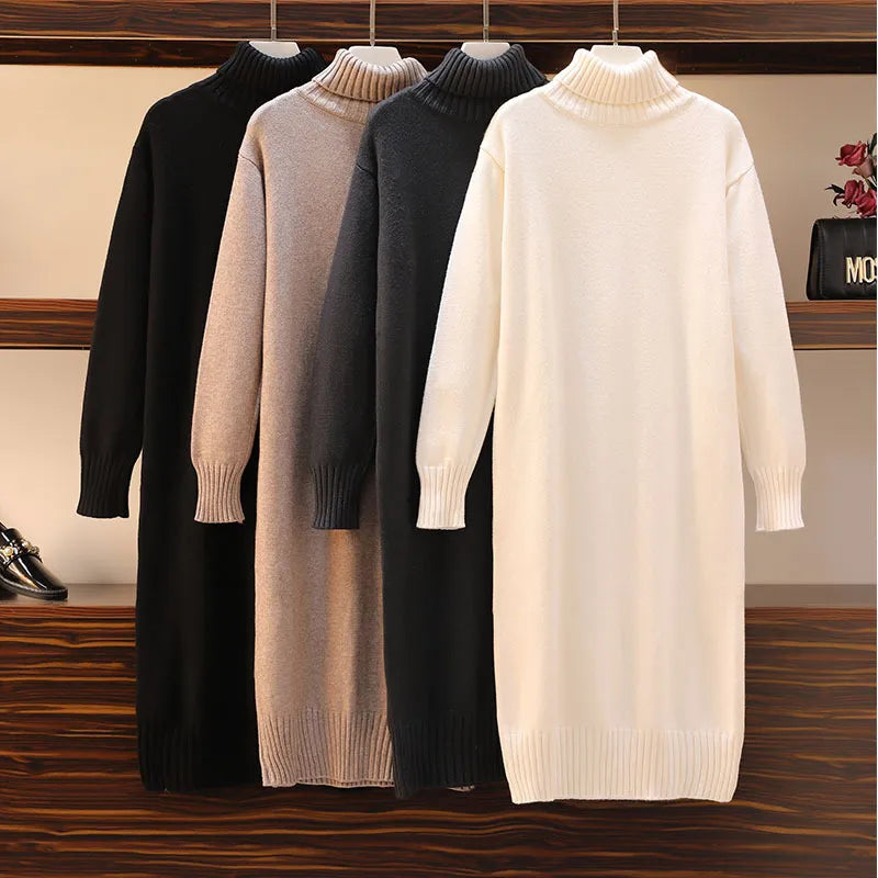 Knitted dress autumn and winter women's loose long sweater pullover turtleneck solid casual female Boxy Neck Sweater