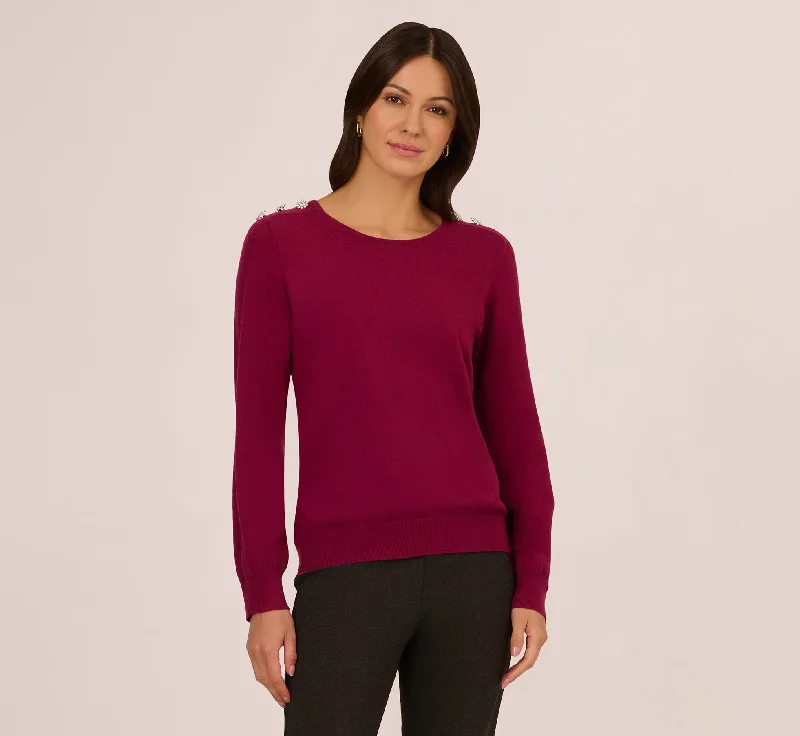 Ribbed Detail Embellished Pullover Sweater In Wine Berry Shawl Collar Sweater