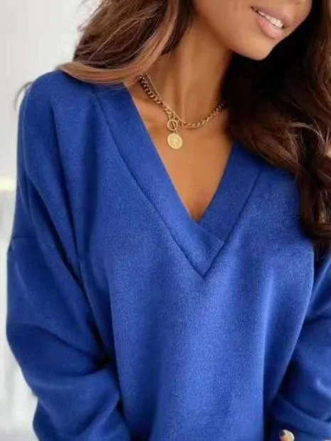 Button Cuff V-Neck Knit Pullover Wrist Length Sleeve