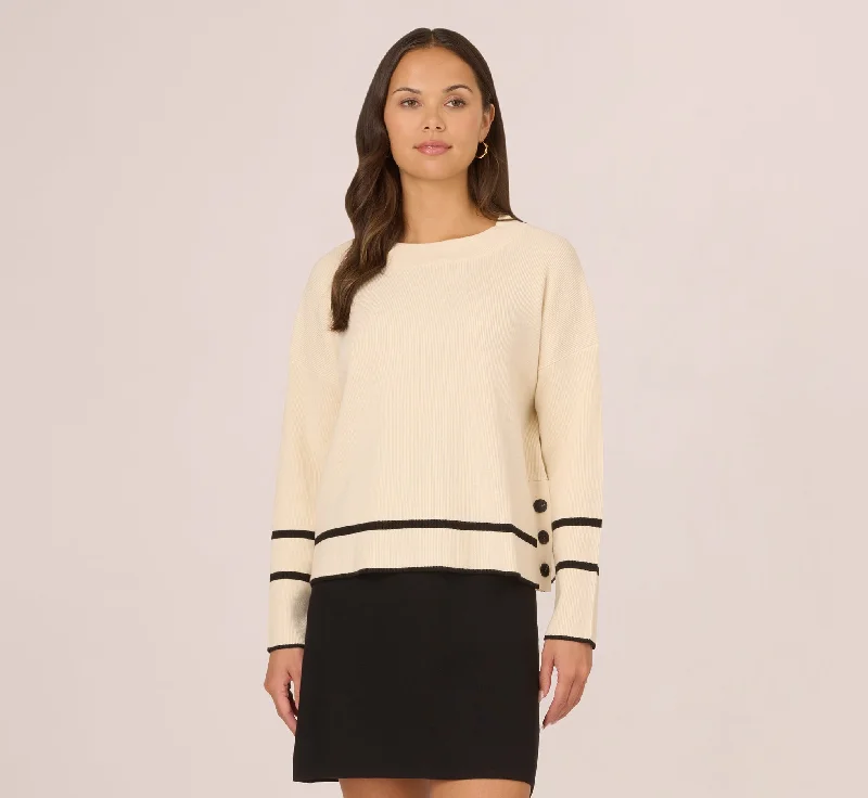 Crew Neck Pullover Sweater With Tipped Details In Cream Black Cable Knit Chunky