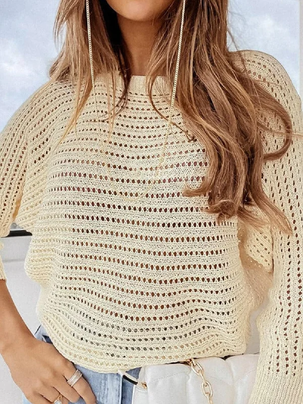 Apricot Open Knit Crochet Sleeve Pullover Sweater Peter Pan Collar