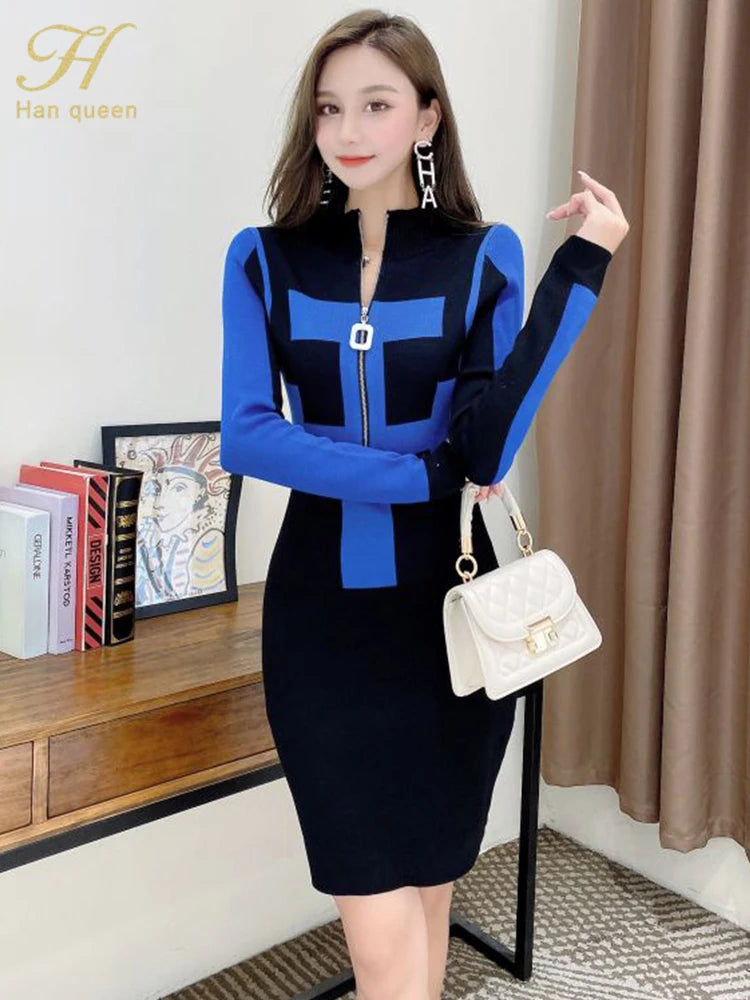 GETADME H Han Queen Winter Zipper Pattern Pullover Sweater Pencil Dress Sexy Women Knitted Sheath Bodycon Dresses Chic Simple Vestidos V-Neck Stylish Pullover