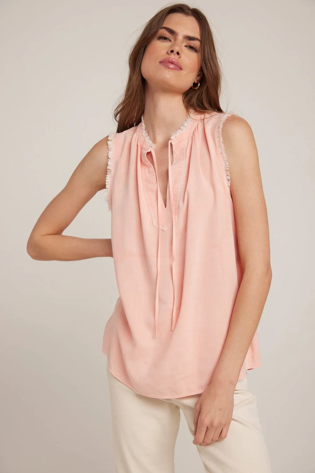 Bella Dahl Sleeveless Fray Edge Pullover Sunset Coral Scalloped Neck Pullover