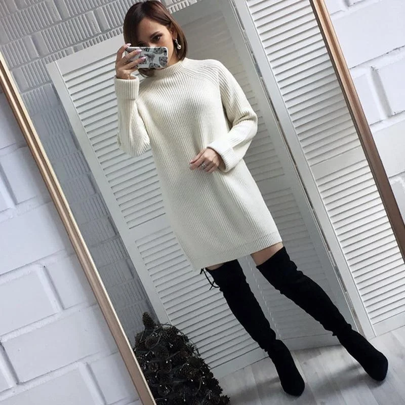 Autumn Winter Solid Knitted Cotton Sweater Dresses Women Fashion Loose O-neck Pullover Female Knitted Dress Vestidos Feminino Chunky Knit Pullover