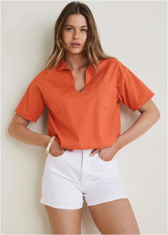 Poplin Short Sleeve Pullover - Burnt Orange Open Neck Pullover