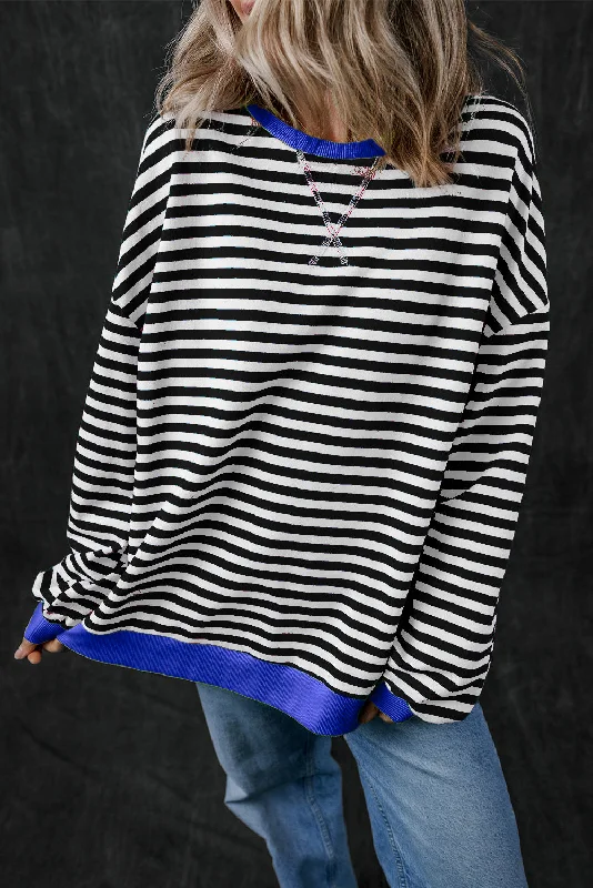 Black Stripe Oversized Contrast Trim Pullover Sweatshirt Cold Shoulder Design