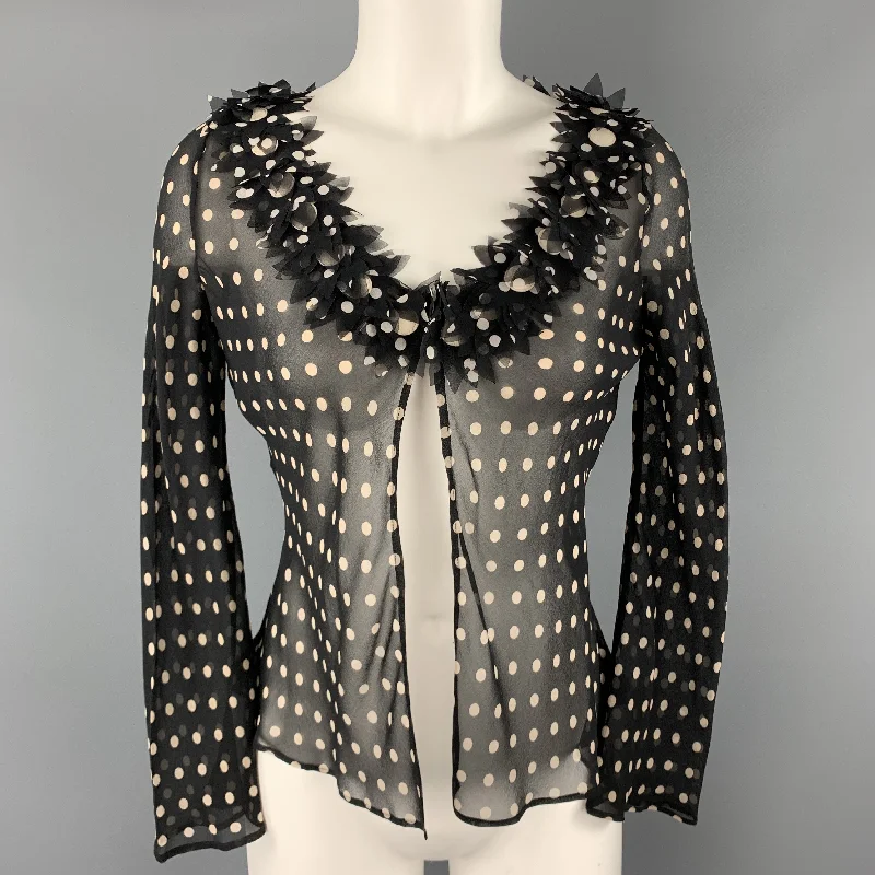 MOSCHINO Size 8 Black & Cream Polk Dot Silk Floral Cardigan Blouse Striped Floral Plaid