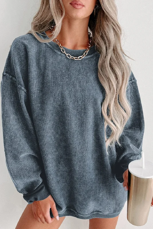 Blue Ribbed Knit Round Neck Pullover Sweatshirt with Solid Color Leg Sleeve Comfort