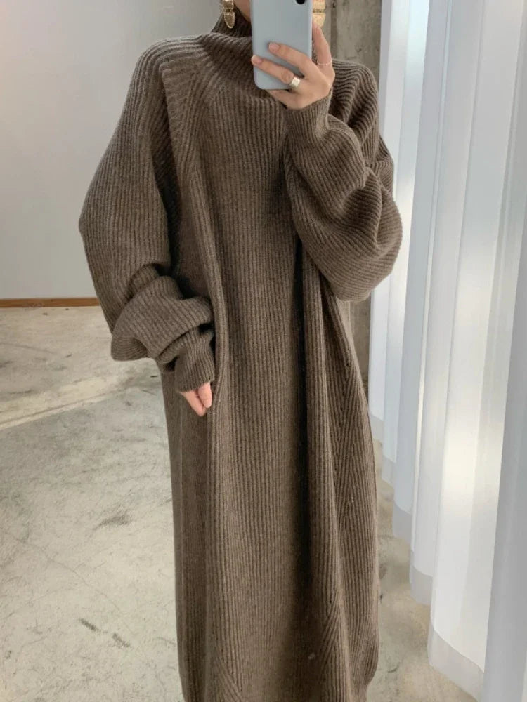 Getadme New in Women's Winter Sweater Dress Korean Version Pullover Jersey Long Dresses Fashion Streetwear Elegant Women's Clothing High Neck Pullover