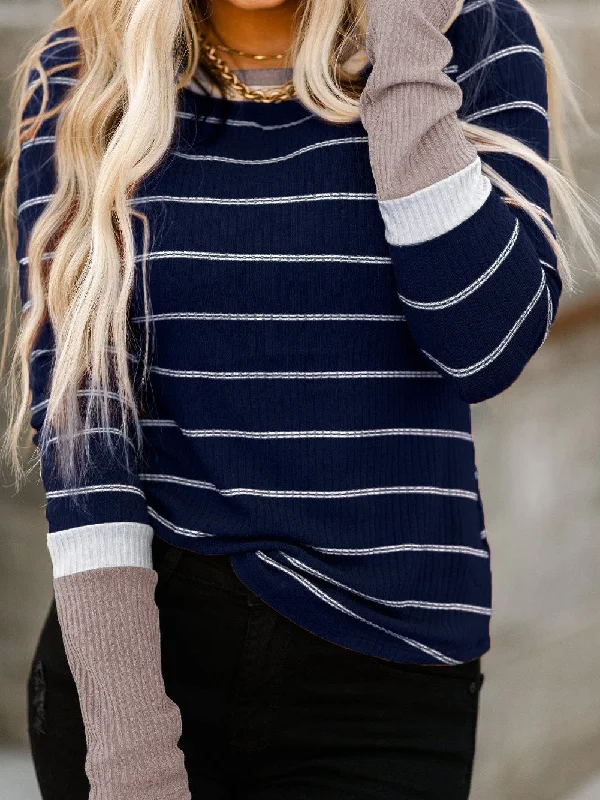 Blue Striped Rib Knit Pullover with Color Block Cuffs Over Sleeve Pullover