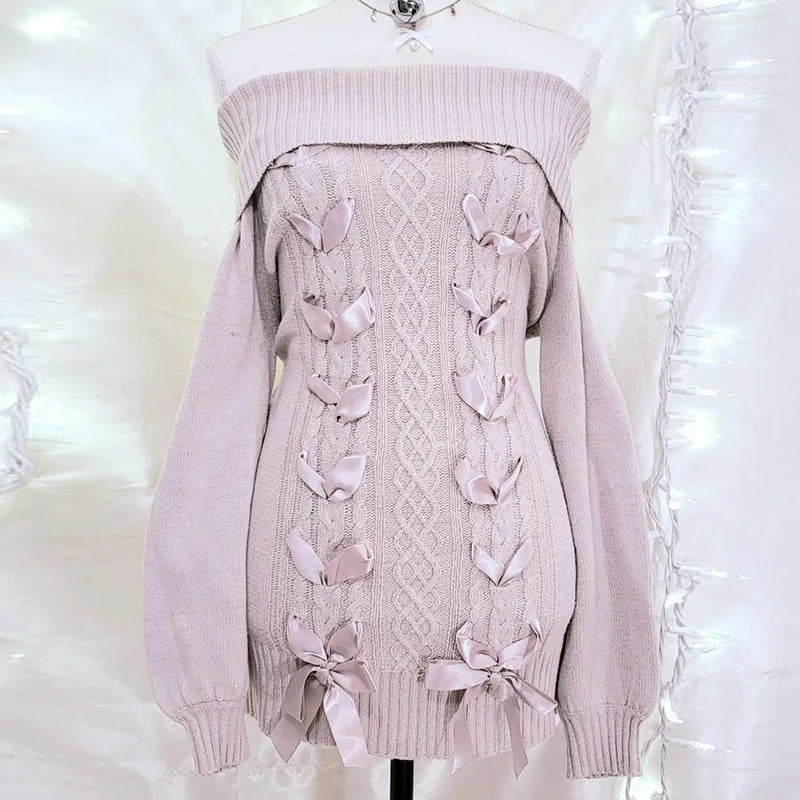 Cottage Fairy 00s Vintage Knitted Dress Japanese Off Shoulder Pullovers Mini Dress Fairy Y2K Kawaii Tie Up Retro Sweater Dress Chenille Soft Sweater