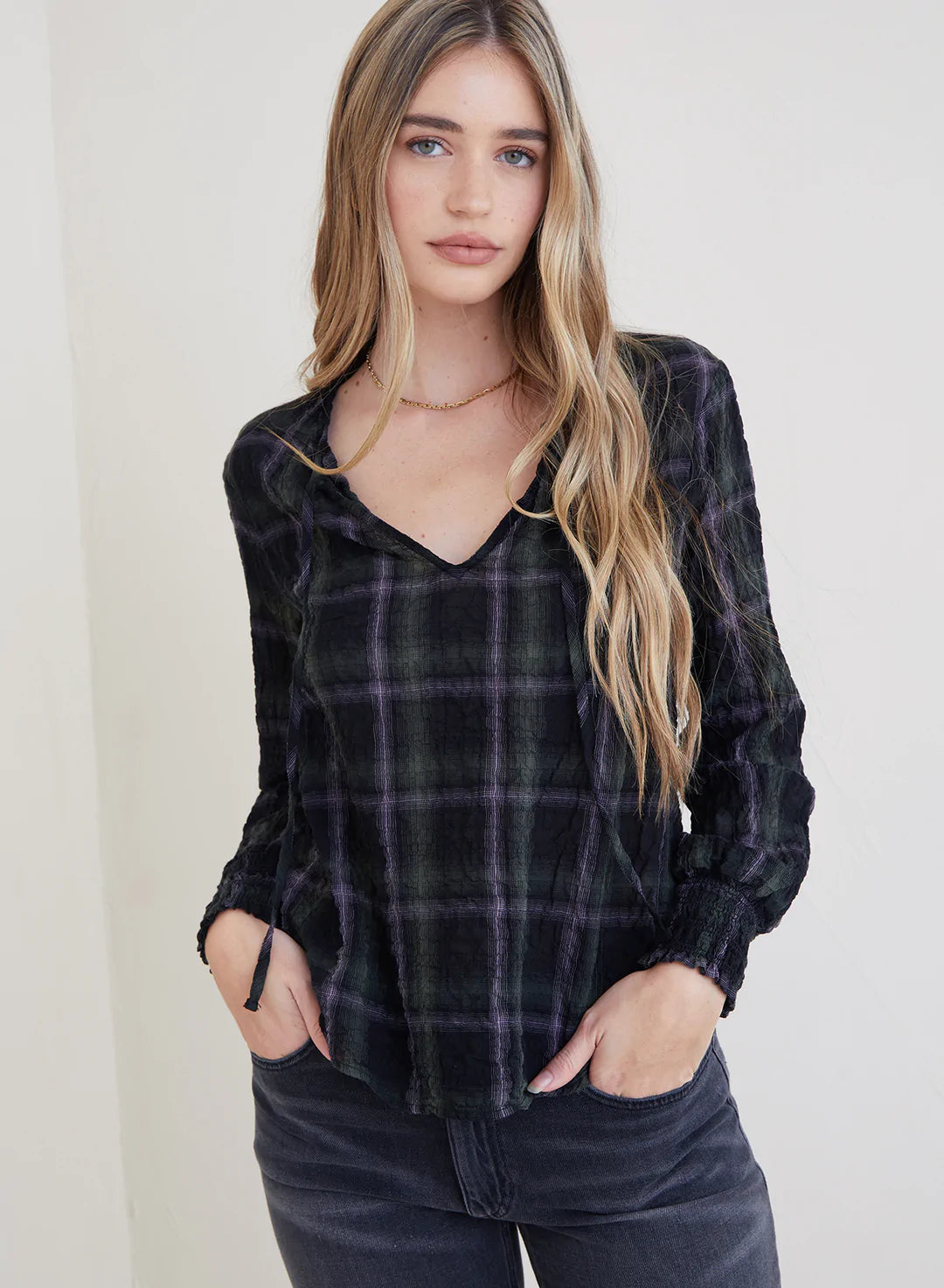 Bella Dahl Garden Plaid Tie-Neck Pullover Garden Plaid Square Neck Pullover