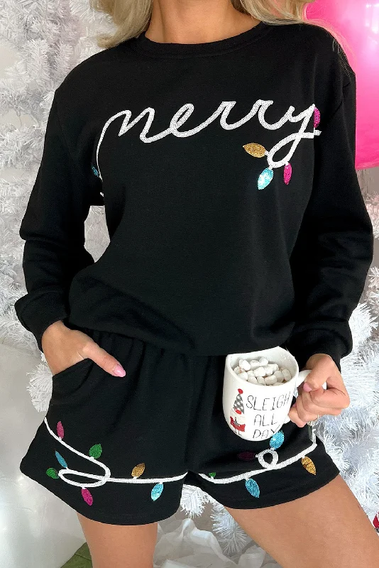 Sequin Merry Graphic Pullover and Shorts Outfit Lantern Sleeve Elegant