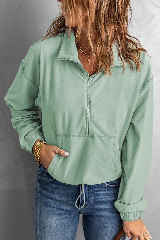 Zip Front Pocketed Pullover Sweatshirt Batwing Sleeve Top